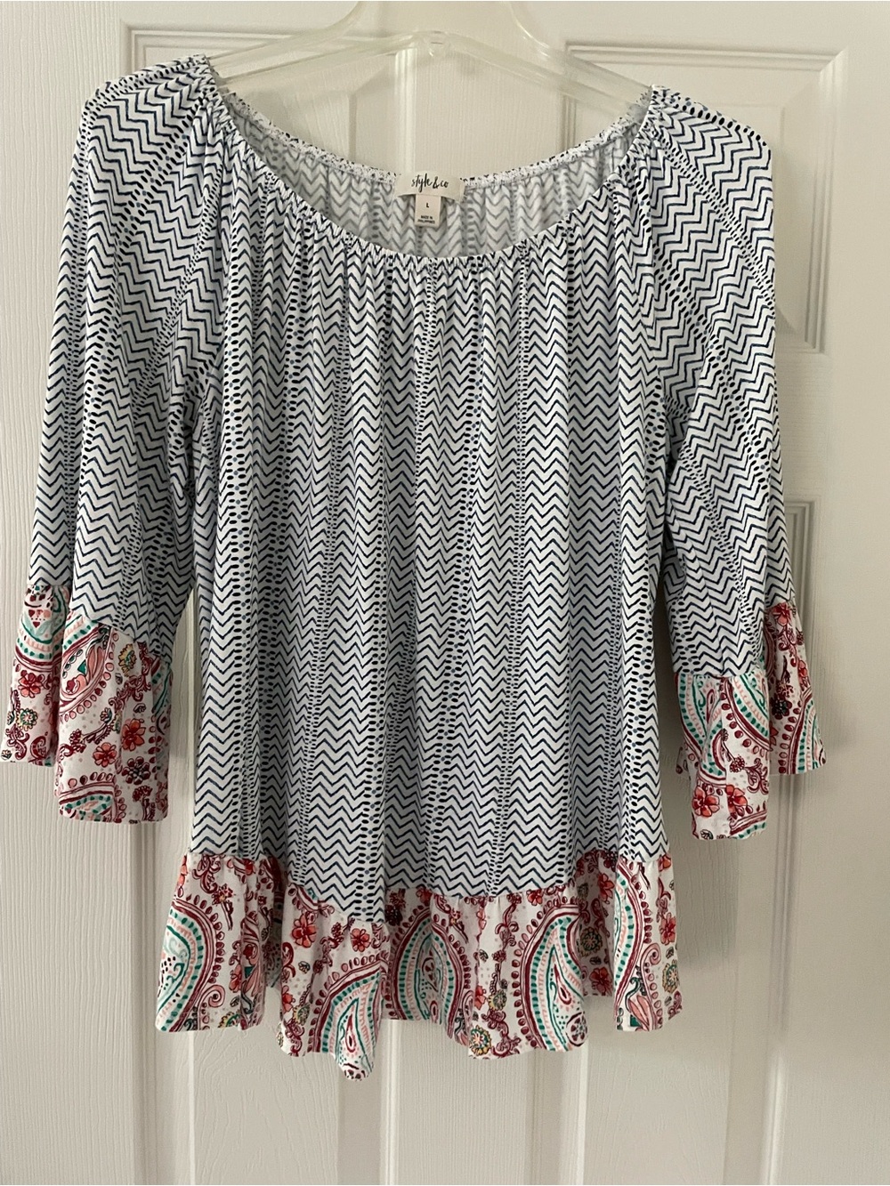 Style & Co. Chevron Peasant Top with Red & Teal Paisley Trim